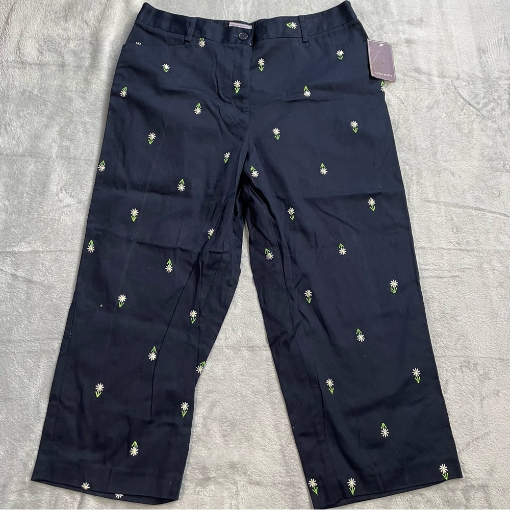 Laura Scott Capri‎ Crop Pants 16 Womens NWT Navy Blue Daisy Embroidered Stretch